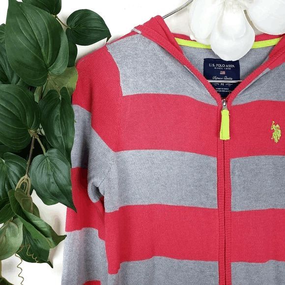 US Polo Assn Coral & Gray Striped Long Sleeve Polo Hooded Zip Up Size: Medium - Picture 2 of 6